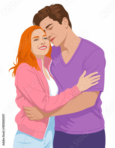 A loving couple shares a warm embrace, portraying affection, connection, and the joy of young love through vibrant colors and cheerful expressions.