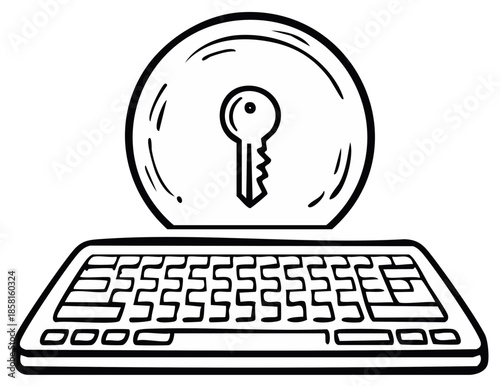 Conceptual illustration of keyhole above computer keyboard, representing data access and security