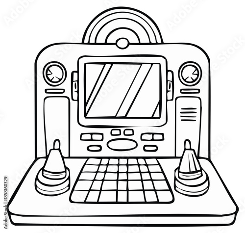 Retro futuristic control panel with joysticks screen and buttons illustration