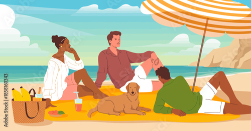 A group of friends enjoys a sunny beach day with their golden retriever, capturing the essence of relaxation, friendship, and playful joy amidst a beautiful coastal backdrop.