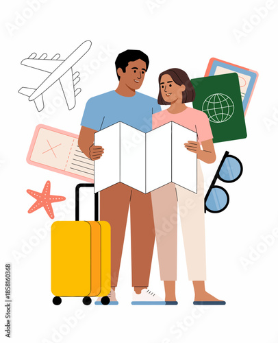 A cheerful couple is exploring a map and discussing travel plans, showcasing anticipation, adventure, and the joy of discovery in their journey together.