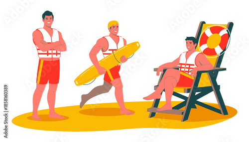 A strong and confident team of lifeguards in bright uniforms stands ready for duty, embodying safety, vigilance, and summer fun at a pool or beach environment.