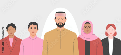 A group of five diverse individuals standing together, showcasing unity and inclusion. This illustration reflects diversity in society, promoting understanding and acceptance among cultures.