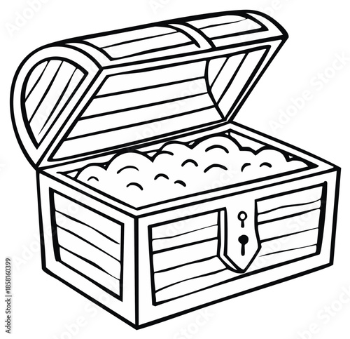Open treasure chest illustration filled with gold coins in cartoon style for coloring book pages or clip art usage, isolated on white