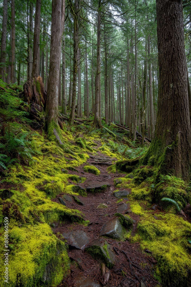 Obraz premium Moss Covered Stone Steps Leading Through a Dense Forest with Tall Trees and Autumn Leaves in Ambient Light