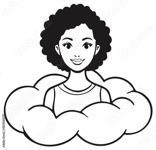 Happy young woman with curly hair emerging from a cloud line art illustration