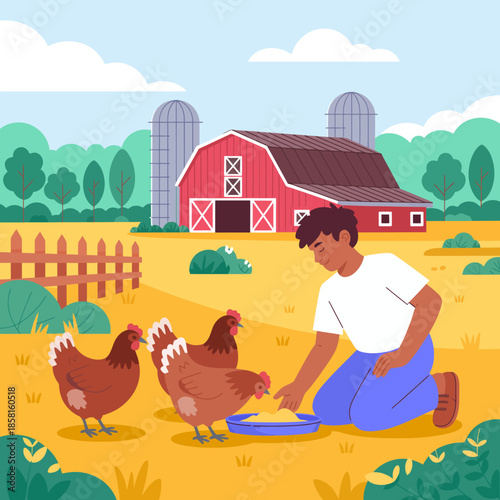 In this vibrant rural scene, a young farmer is kneeling and feeding chickens while a classic red barn stands in the background, surrounded by lush greenery and fields.