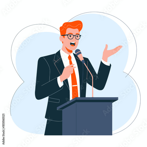 An animated figure representing a confident speaker gestures enthusiastically while addressing an audience, emphasizing the importance of public speaking and effective communication skills.