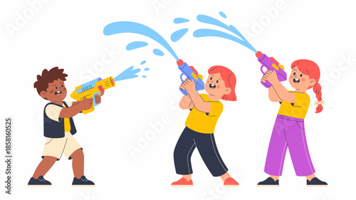 A cheerful illustration of three children actively engaging in a playful water gun fight, embodying joy, friendship, and the innocence of childhood during summer days.