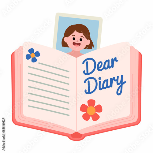 An inviting image of an open diary with a photo, symbolizing the personal journey of self-reflection, aspirations, and cherished memories captured beautifully.