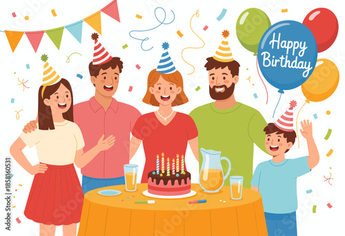 A joyful group of friends gathers around a birthday cake, celebrating with laughter, balloons, and a warm atmosphere that reflects friendship and shared moments of happiness.
