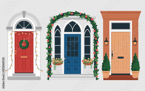 This image features three distinct doorways showcasing different styles, colors, and decorative elements to create an inviting visual appeal and charm for any home.