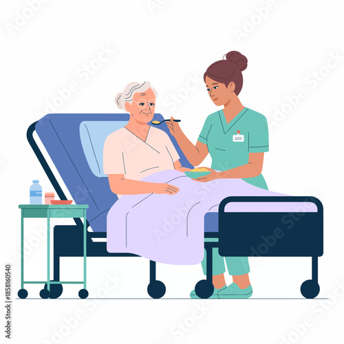 A compassionate nurse feeds an elderly patient in a cozy hospital setting, highlighting the importance of care, empathy, and support in health and wellness.