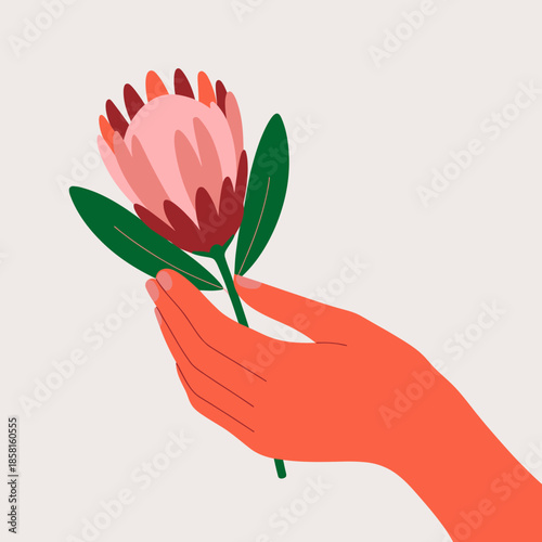 A beautifully illustrated hand gently holding a pink flower with green leaves, representing love, care, and the beauty of nature in a warm and artistic style.