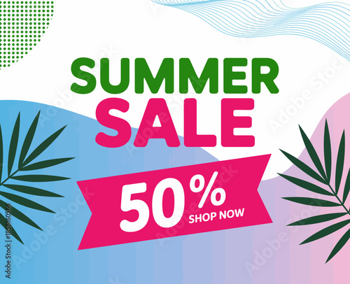 A bright and colorful graphic highlighting a summer sale with bold text. The design incorporates vibrant colors and tropical elements, attracting customers' attention.