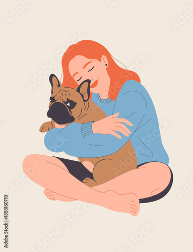 A young woman lovingly hugs her French Bulldog, conveying the bond of companionship and affection shared between pets and their owners in a warm, cozy setting.