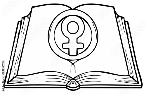 Open book with feminist symbol inside a circle simple line drawing