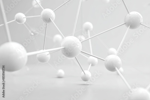 Connected white spheres, network abstract glossy render