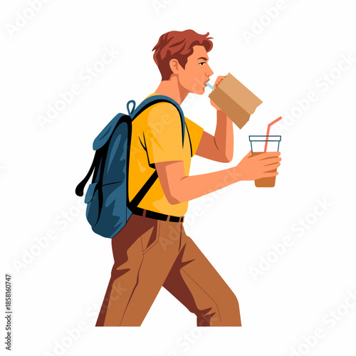 A young man multitasking as he walks, sipping on a drink and eating a snack, portraying a casual and active lifestyle filled with energy and modern-day convenience.