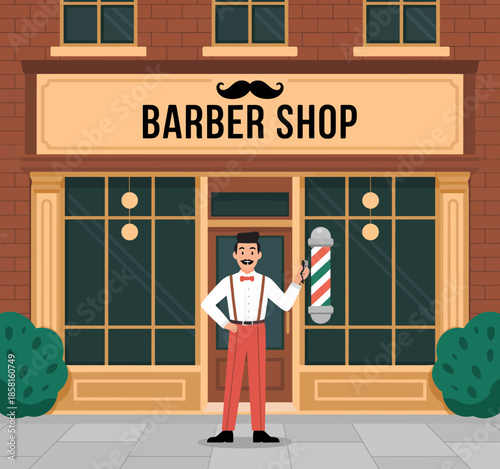 This vibrant barber shop illustration captures a charming and classic design, showcasing a barber with a vintage flair and traditional barber pole in a nostalgic setting.