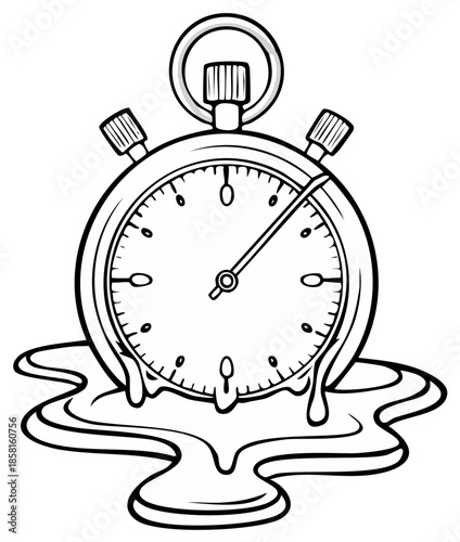 Melting stopwatch illustration emphasizes time slipping away, showcasing a critical moment in linear black and white design.