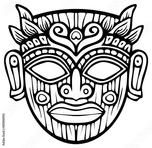 Intricate tribal mask illustration. Detailed line art design for cultural themes.