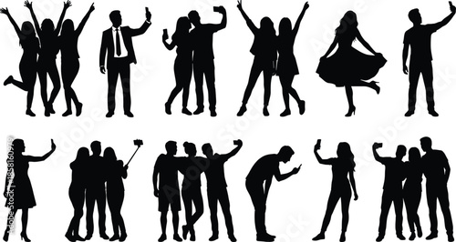 People silhouettes taking selfies celebrating social media lifestyle, isolated on white background smartphone photography youth culture illustration collection modern digital
