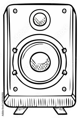 Drawn black and white audio speaker with two cones and textured grill