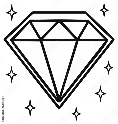 Black and white hand-drawn diamond illustration with surrounding stars