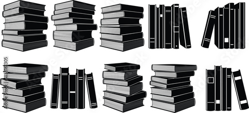 Books stack silhouette illustration set showing piled and standing volumes isolated black vector design for education library publishing concepts