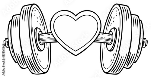 Heart Shape Emblem Between Two Dumbbells Hand Drawn Illustration
