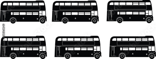 Double decker bus silhouette illustration set showing classic public transport vehicles isolated black vector urban travel design collection