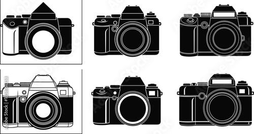Vintage film camera illustration set showing multiple classic photography designs isolated black and white vector retro equipment collection