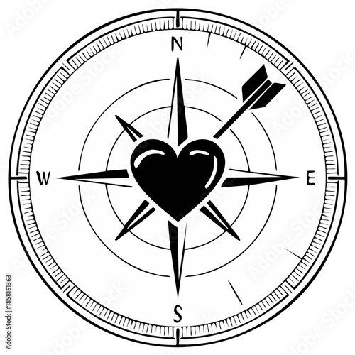 Vintage compass with a heart pierced by an arrow representing love direction and romance