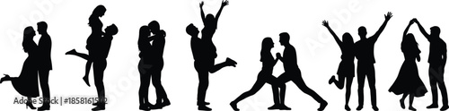 Romantic couple silhouettes celebrating love joy dancing hugging kissing poses isolated on white background relationship illustration vector collection modern design