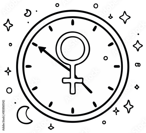 Feminine energy time: Clock with Venus symbol, cosmic, stars and moon illustrations representing women time management and time of female.