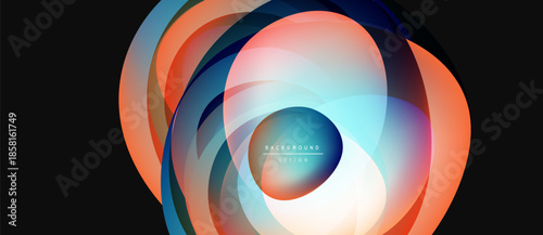 Abstract colorful design. Overlapping shapes create dynamic circular pattern. Gradient hues blend, forming modern visual element.