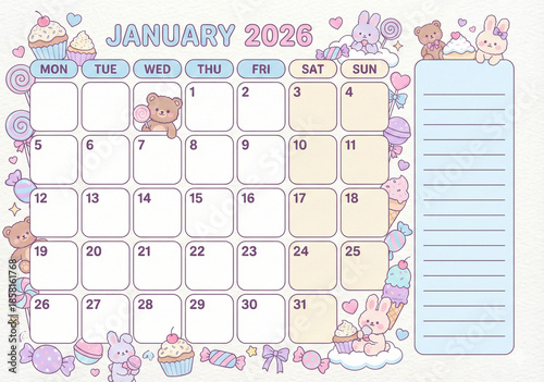 Pastel calendar January 2026
