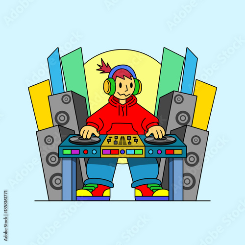 a DJ performing at a turntable station with large speakers. Pop-art and cartoon feel. National DJ Day, January 20th. Suitable for branding and music-related t-shirt designs.
