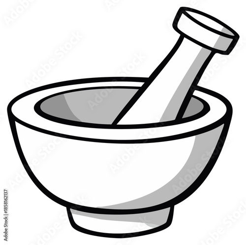 Simple cartoon line art illustration of a mortar and pestle isolated on a white background