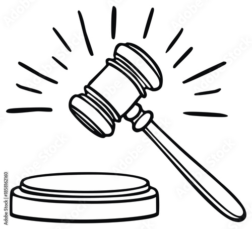 Gavel with striking beams in hand drawn style