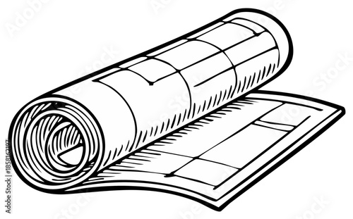 Rolled Blueprint Sketch in Black and White Illustrative Design