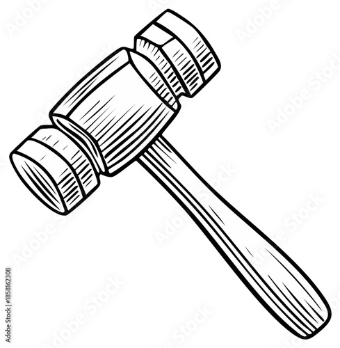 Wooden gavel drawing with handle and hammer head, simple line art style