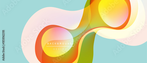 Abstract flowing shapes, vibrant colors, modern design. Background features gradients, curves, smooth transitions. Light blue base provides contrast.