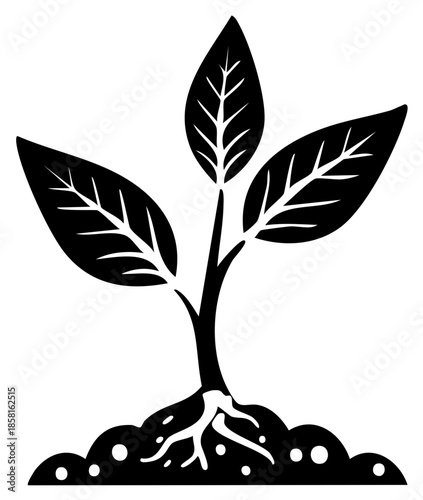 Sprout seedling with vibrant leaves emerges from ground planting illustration for growth, nurturing concept with roots visible