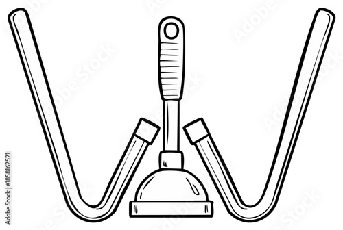 Plumbing Letter W Design Concept Featuring Drain Plunger and Pipes in Outlined Style
