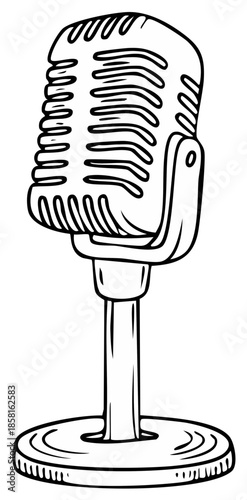 Black and white illustration of vintage microphone on a stand