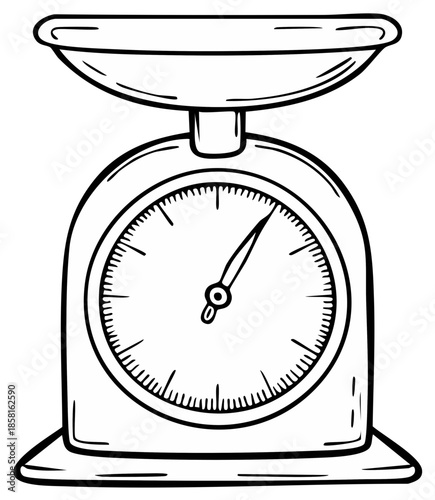 Illustration of a vintage mechanical kitchen scale with a round dial and a large measuring bowl.