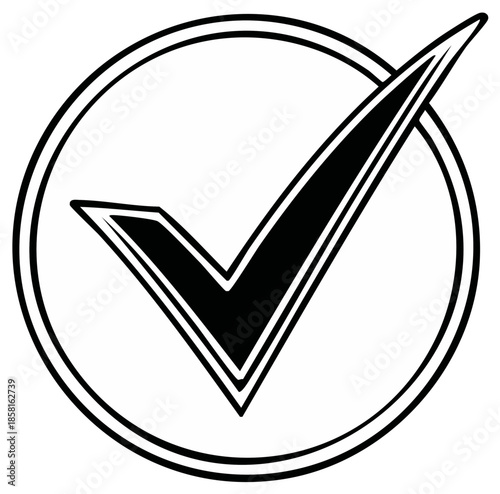 Black check mark inside a double lined circle symbolizing approval confirmation success and agreement