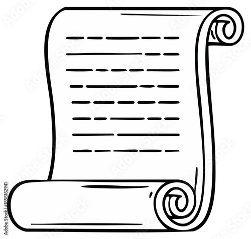 Black and white drawing of a rolled parchment scroll with written text